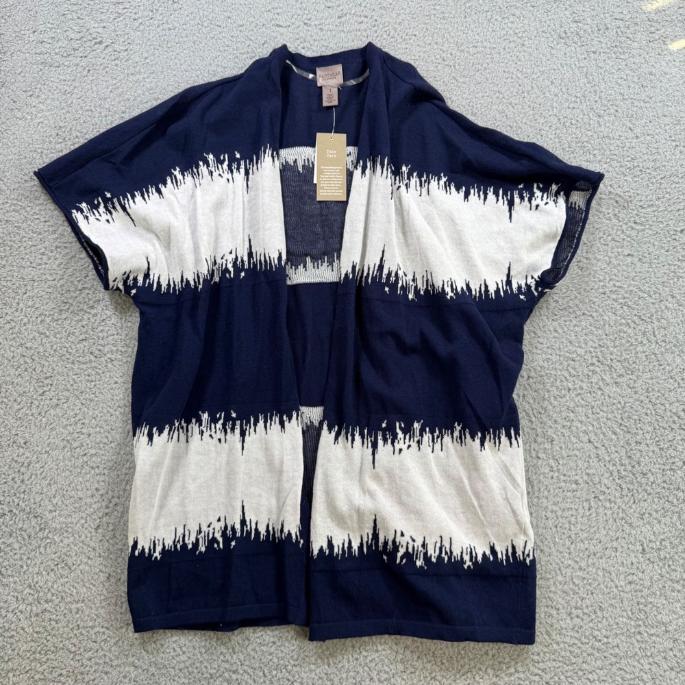 CHICOS EASYWEAR Navy White Tie Dye Kimono Cardigan Jacket‎ Size 1 US 8